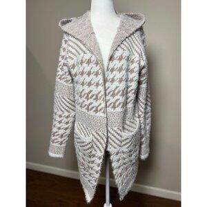 NEW ZEVA Cream/Brown Patterned  Hooded Open Front Cardigan Sweater Knit Women M